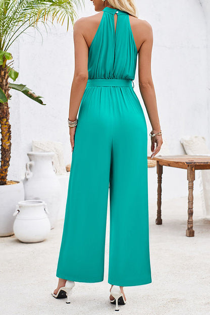 Solid Color Halter Neck Strap Slit Jumpsuit