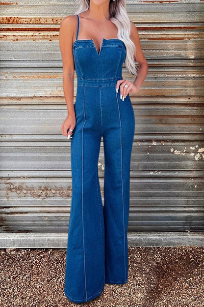 V Neck High Waist Denim Jumpsuit