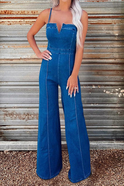 V Neck High Waist Denim Jumpsuit