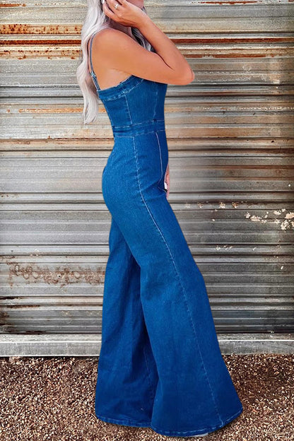 V Neck High Waist Denim Jumpsuit