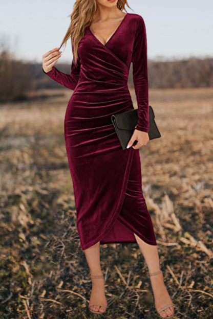 Vintage Velvet V-Neck Crossover Midi Dress