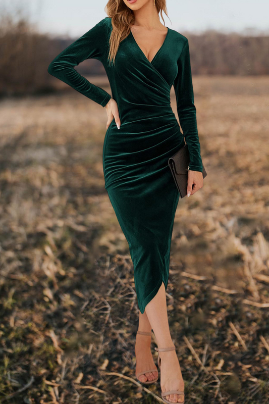 Vintage Velvet V-Neck Crossover Midi Dress