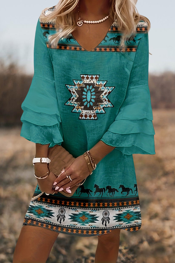 Aztec Print  Layered Flared Sleeves Dress