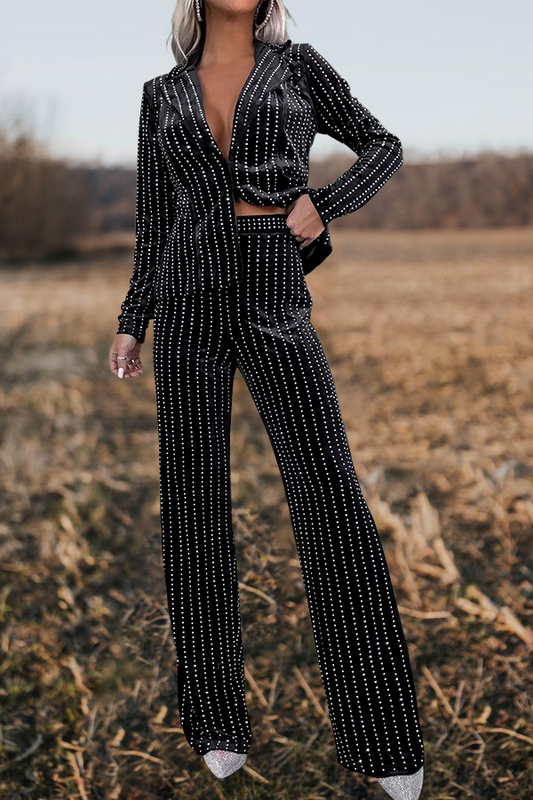 Shiny Studded Goddess Striped Velvet Pant Suit