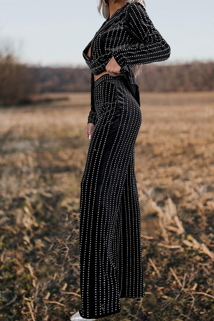 Shiny Studded Goddess Striped Velvet Pant Suit