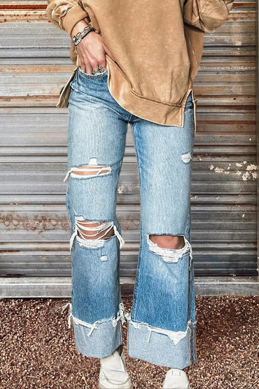 Distressed Asymmetric Wide-Leg Jeans