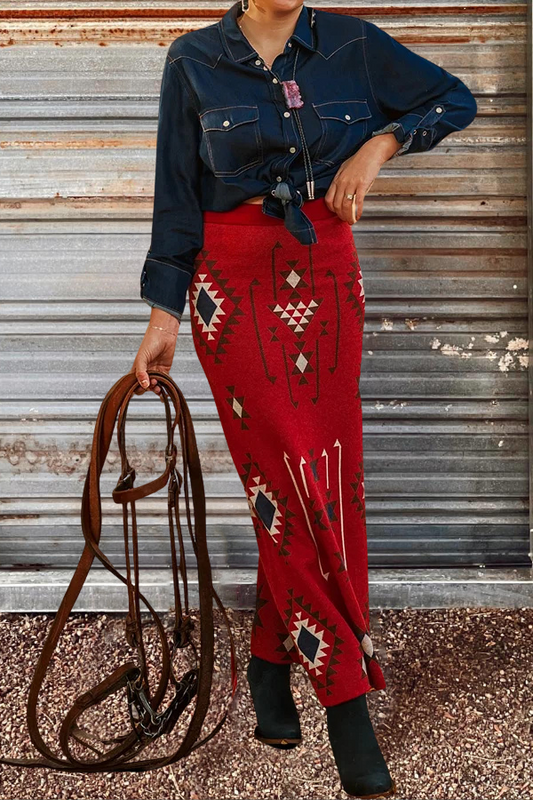 Western Aztec Print Knit Maxi Skirt