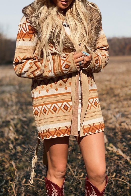 Aztec Printed Fur Collar Cardigan