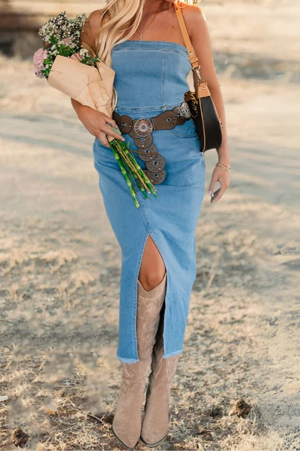 Washed Tube Top Slit Denim Dress