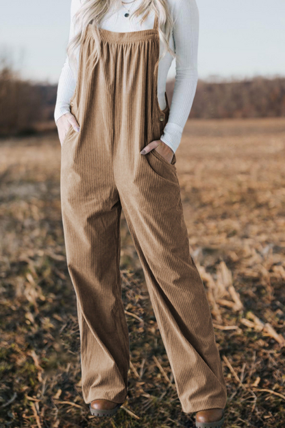 Pocketed Loose Fit Corduroy Overalls