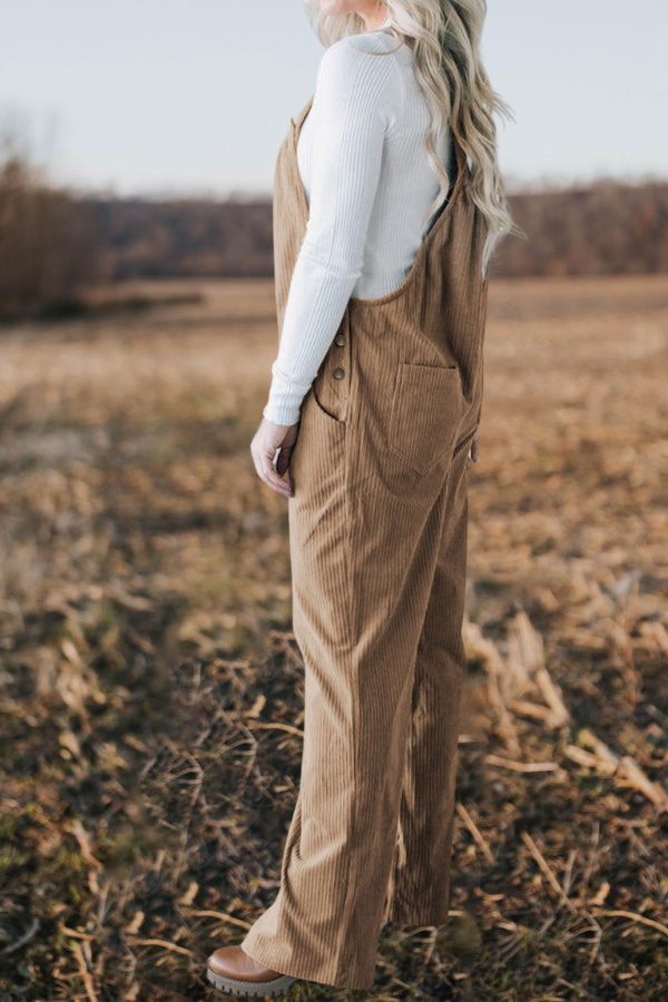 Pocketed Loose Fit Corduroy Overalls