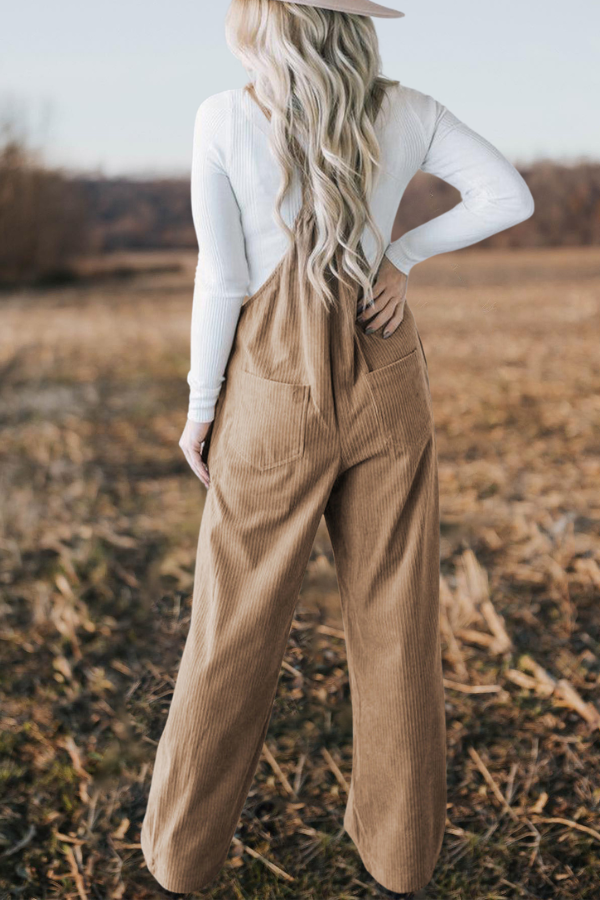 Pocketed Loose Fit Corduroy Overalls