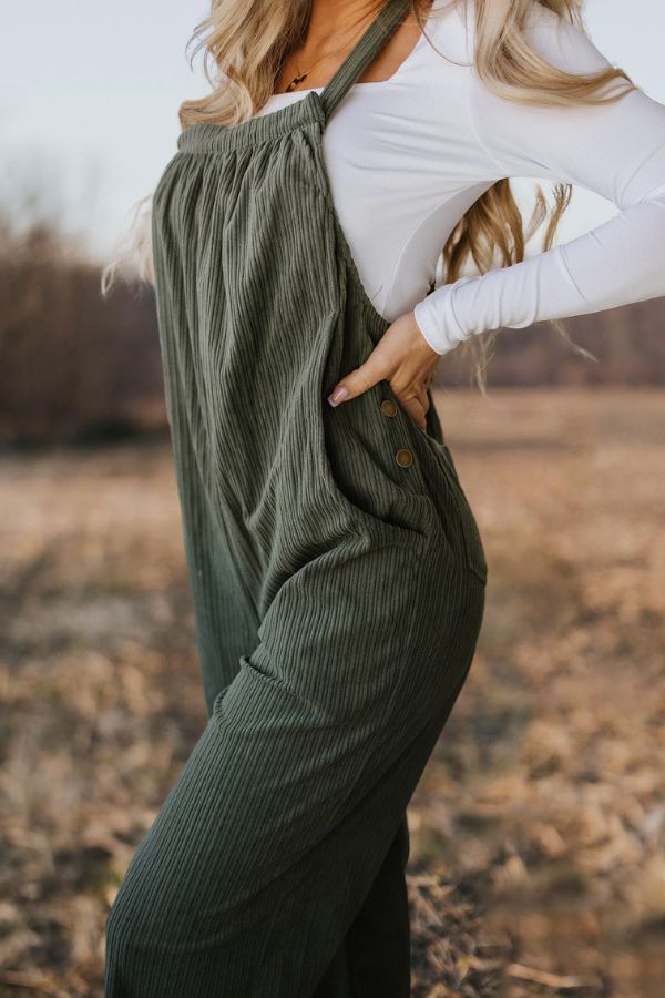 Pocketed Loose Fit Corduroy Overalls