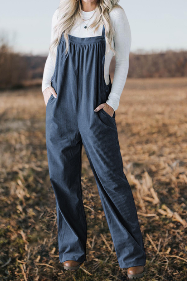 Pocketed Loose Fit Corduroy Overalls