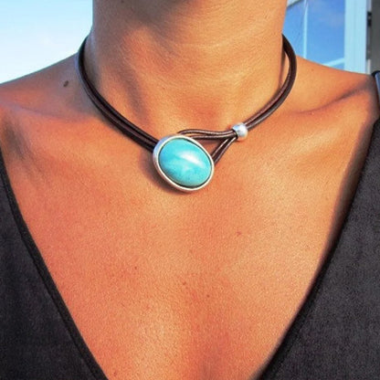 Leather Turquoise Choker Necklace